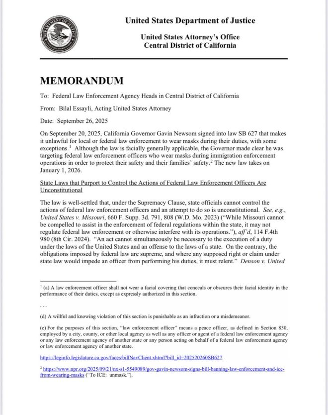 Governor Newsom Challenges Federal Authority: Unmasking Federal Agents Raises Constitutional Questions —  Governor Newsom, U.S. Constitution, federal agencies,
California law, unmask federal agents, Supremacy Clause,
jurisdiction, interference, unconstitutional