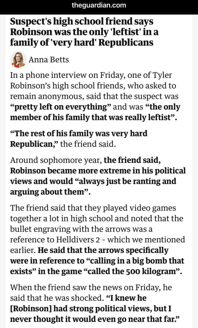 "High school friend reveals shocking truth: Robinson, the lone 'leftist' in a family of 'very hard' Republicans, now a suspect in assassination plot" —
Political affiliations, high school friend, family dynamic
Ideological differences, close relationships, political beliefs
Allegations, misinformation, political leanings