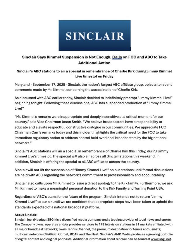 Kimmel Suspended, Sinclair Airs Charlie Kirk Remembrance - Demands Apology and Donation! 🚨 #Controversy #ClassAct #BreakingNews — Jimmy Kimmel suspension, Sinclair controversy, TPUSA donation demand