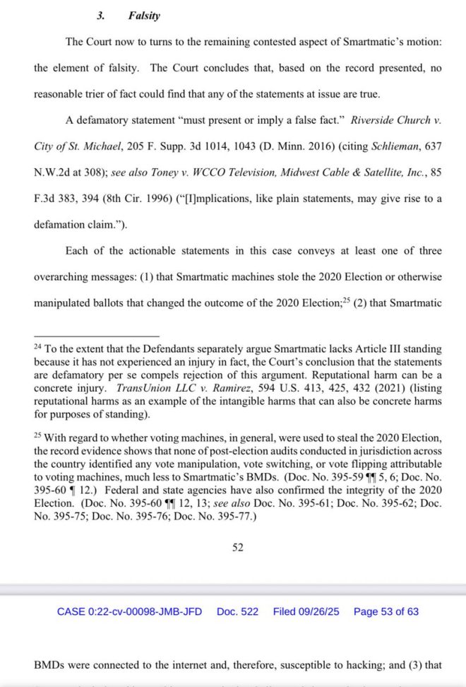 Lindell's Defamation Claims Against SmartMatic Ruled False - Trial on Actual Malice and Damages Looms —  Defamation trial ruling, SmartMatic lawsuit, Mike Lindell case 
Trial decision, election fraud claim, legal battle 
SmartMatic defamation lawsuit, Lindell court ruling, 2025 trial