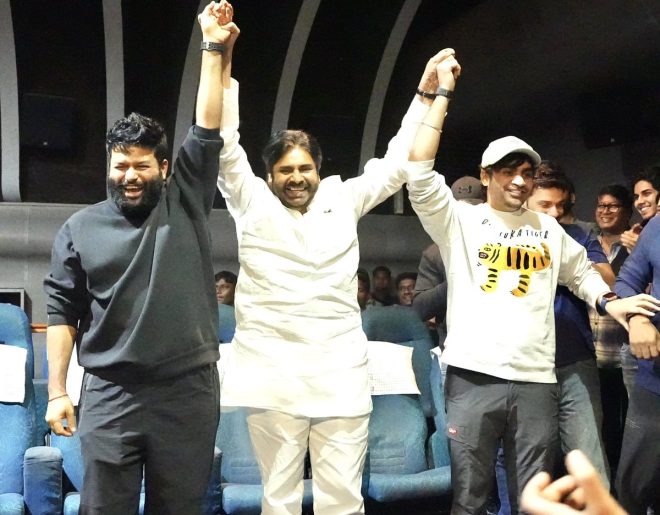 Megastar @KChiruTweets & @AlwaysRamCharan seen with #OG team, hinting at #OG2 Part 2 with Powerstar @PawanKalyan in Mega family gathering! 😍👌🏻👍🏻 #TheyCallHimOG — Exclusive celebrity show, Power star announcement, Mega family event