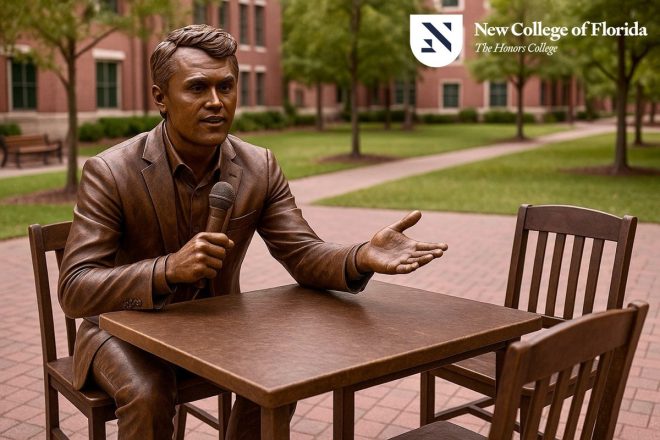 New College Honors Charlie Kirk with Controversial Statue —  statue dedication ceremony, campus memorial tribute, honoring community leaders 2025