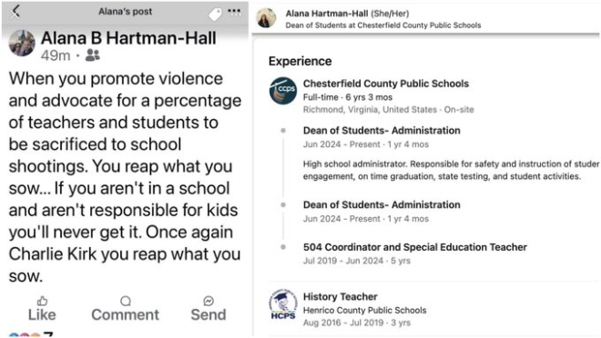 "OMG! Teacher Advocates for Violence Against Conservative Figure, Sparks Outrage and Concern Among Parents in Virginia School District" — shocking social media post, viral controversy, disturbing online comment