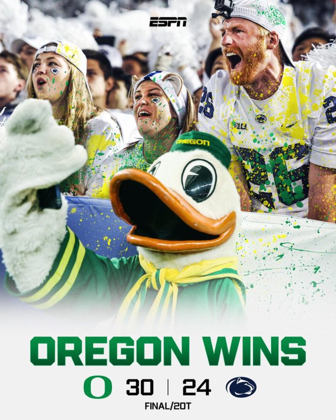 OREGON SHOCKS PENN STATE IN DOUBLE OVERTIME, ENDS WHITE-OUT WIN STREAK! 😱🏈 —  Oregon Ducks defeat Penn State in double overtime, White Out game upset, Big Ten vs Pac-12 showdown, College football upset victory, Ducks stun Nittany Lions, Oregon triumphs in epic battle