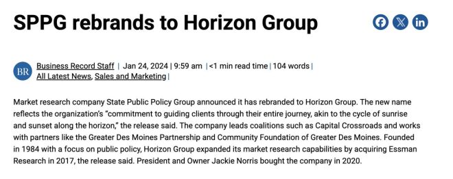 "Owner of Horizon Group, @MsJackieNorris, tied to controversial immigrant research contracts in Des Moines" —  Ms. Jackie Norris, Horizon Group, immigrant research
Des Moines contracts, settlement services, State Public Policy Group
Owner of Horizon Group, Des Moines research firm, immigrant settlement