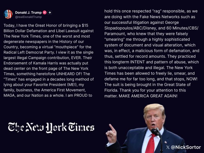 "President Trump Sues New York Times for $15B in Landmark Libel Case: Is Freedom of the Press Under Attack?" —  President Trump lawsuit, New York Times defamation, libel accusation against New York Times