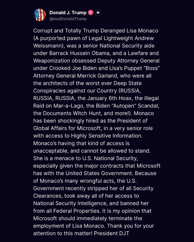 President Trump demands Microsoft fire Lisa Monaco as President of Global Affairs - Company's response imminent! —  Breaking news, Latest updates, Recent developments