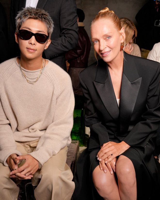 RM and Uma Thurman Spark Fashion Frenzy at Milan Show! —  BTS fashion icons, Uma Thurman red carpet style, Milan Fashion Week 2025 celeb appearances