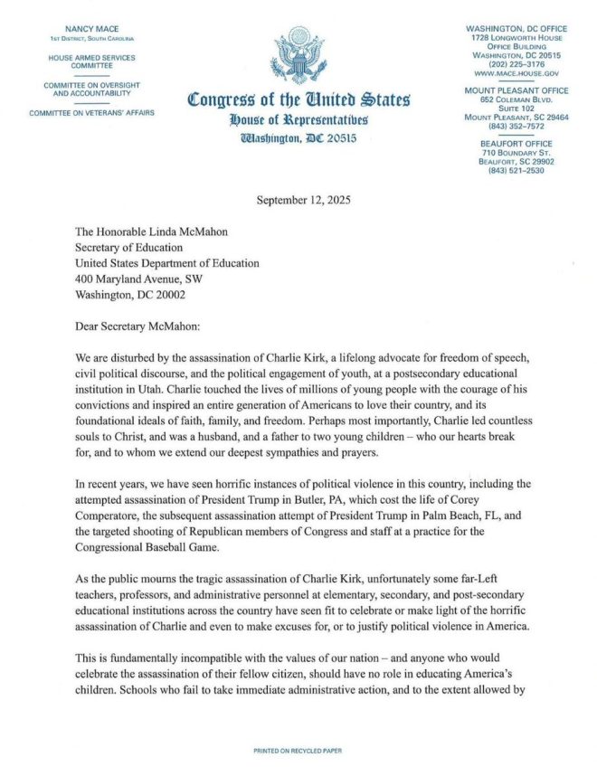 "Rep. Mace Calls for Funding Cut to Schools Celebrating Violence Against Conservatives - Controversy Erupts!" —  Rep. Nancy Mace, federal funding, accountability
Dept. of Education, teacher misconduct, school funding
Charlie Kirk, hate speech, education funding