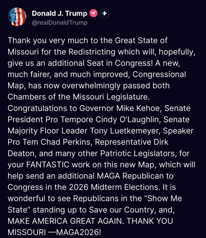 "Republicans Secure New Congressional Seat in Missouri - President Trump Celebrates Victory" — Missouri Congressional redistricting, GOP gains seat, Trump celebrates
Missouri Senate and House pass new Congressional map, Republican victory
Governor to sign Missouri Congressional map, Trump praises GOP success