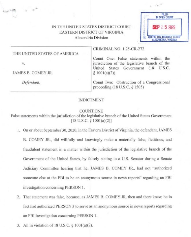 "SHOCKING: Full Text of James Comey's Indictment Released - What Did He Lie About?" — James Comey indictment, FBI Director statement, false statement jurisdiction