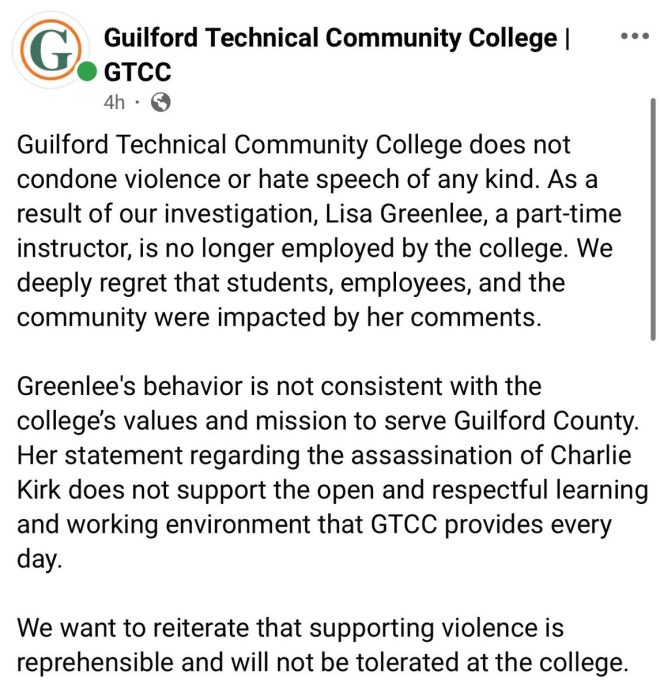 "SHOCKING: Professor Fired for Praising Shooter and Mocking Assassination in Class - Was Justice Served?" —  Professor Lisa Greenlee termination, Guilford Technical Community College scandal, Charlie assassination mockery incident