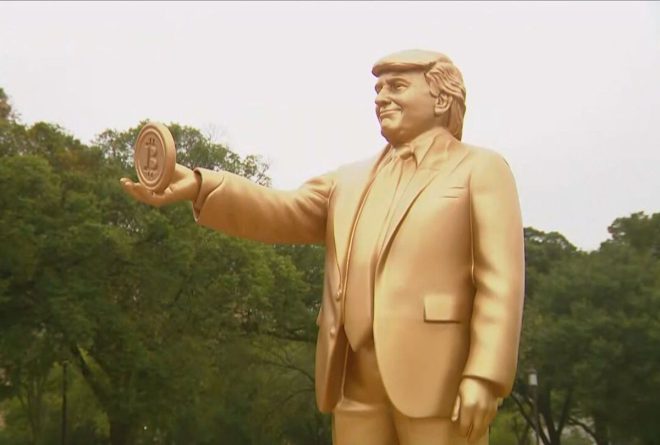 "SHOCKING: Trump Statue with Bitcoin Erected at US Capitol - What's the Real Message?" —  Trump statue cryptocurrency, Capitol Hill golden sculpture, US President Bitcoin monument