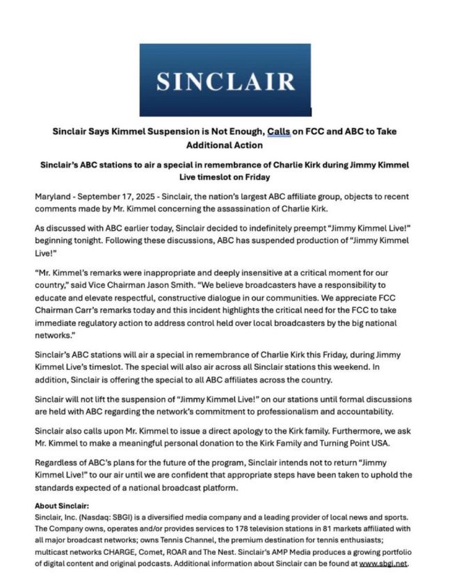 "Sinclair Broadcast Group replaces Kimmel with Charlie Kirk tribute, demands personal donation" —  Jimmy Kimmel replacement, Charlie Kirk tribute, Sinclair Broadcast Group
Late night shakeup, ABC stations, donation demand
Major American cities, TV schedule change, celebrity controversy