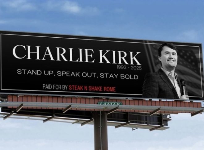 Steak N Shake's Bold Move: Controversial Billboard Sparks Debate! —  Steak N Shake sponsorship, Charlie Kirk billboard campaign, political messaging in America