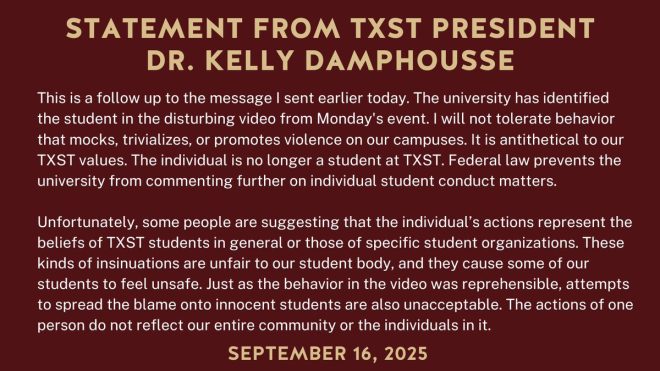 "TEXAS STATE EXPULSION: Student Mocking Charlie's Assassination at Memorial Event Gets the Boot - Controversy Erupts!" —  Texas State University student expelled, Memorial event crasher, Charlie's assassination mocker expelled