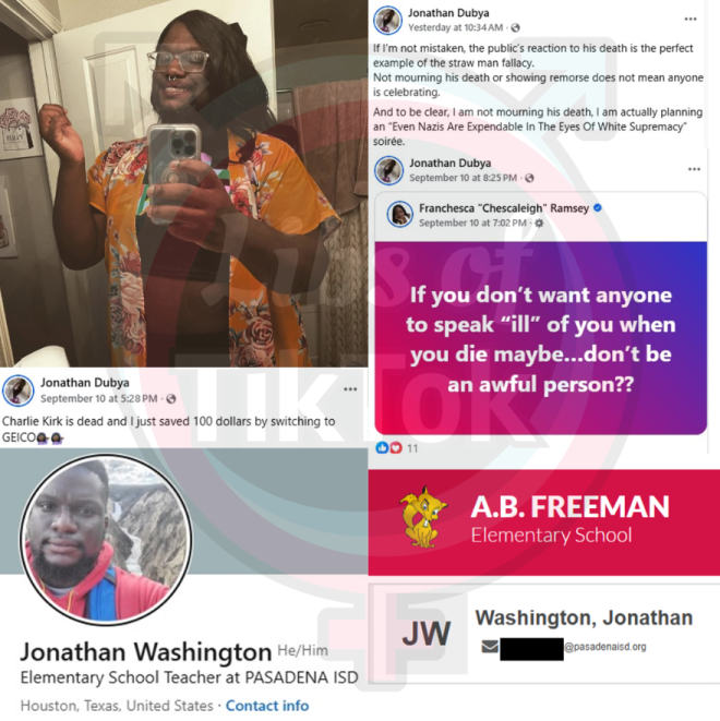 "Teacher celebrates murder of Charlie Kirk - shocking posts surface at Pasadena ISD" — Jonathan Washington teacher, PasadenaISD_TX, Charlie Kirk murder celebration
Educator celebrates Charlie Kirk death, PasadenaISD_TX
PasadenaISD_TX teacher posts celebrating Charlie Kirk death