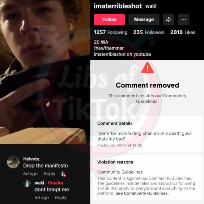 "TikTok they/themmer threatens White Christians, mentions manifesto and death of Charlie Kirk! FBI alerted!" — TikTok threat, White Christians, manifesto