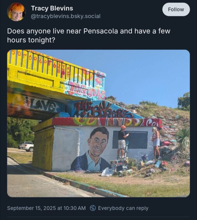 Trantifa Activist Calls for Attack on Charlie Kirk Mural! —  Tracy Lynn Postert activism, nonbinary Antifa protest, Pensacola mural vandalism