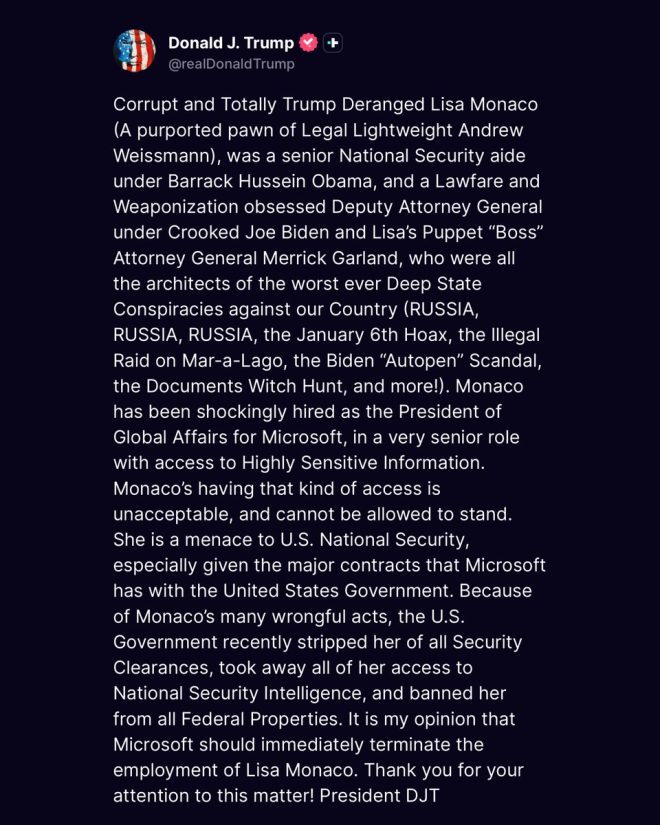 Trump Demands Microsoft Fire Lisa Monaco, Deep State Architect of Russia Hoax and More - Shocking Move Sparks Outrage! —  President Trump demands removal of Lisa Monaco from Microsoft, Scandal at Microsoft, Lisa Monaco controversy
