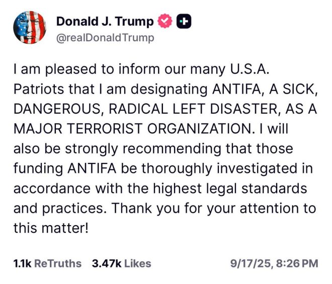 "Trump declares ANTIFA a terrorist group, targets funders in bold move" — President Trump, Antifa terrorist organization, funding investigations