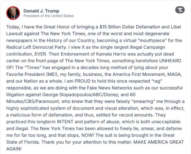 "Trump's $15 Billion Lawsuit Against NY Times Rocks Nation: Will Florida Court Decide Fate?" —  Trump lawsuit New York Times, Florida legal action President Trump, $15 billion defamation lawsuit Trump
