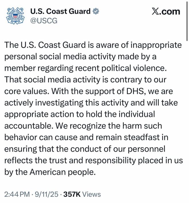 USCG Probes Employee's Shocking Charlie Kirk Post! —  US Coast Guard investigation, Charlie Kirk controversy, employee social media scrutiny