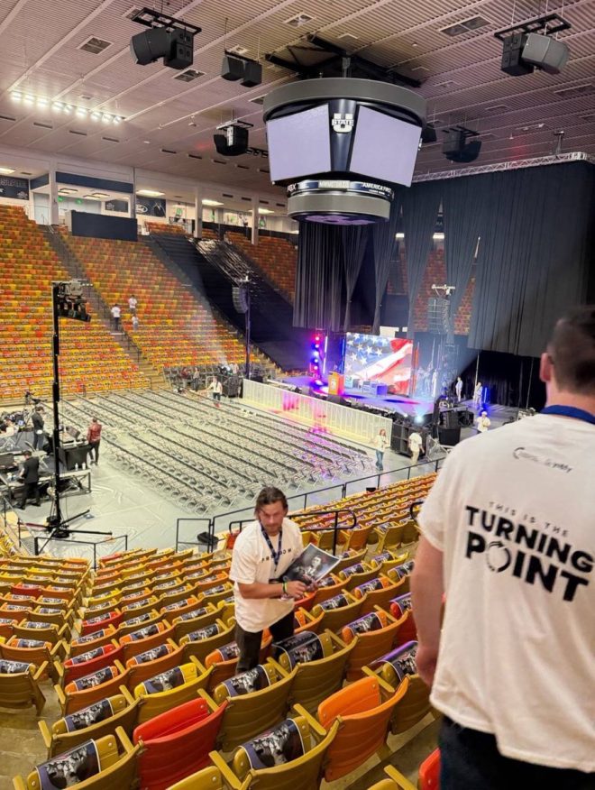 "Utah State University's Turning Point event defies bomb threat, vows to continue with packed house for Charlie! 🇺🇸 #TerroristsWontWin" —  Turning Point event, Utah State University, bomb threat
Charlie Kirk, Utah State University event, Jack Posobiec
Counter-terrorism, Utah State University event, conservative activism