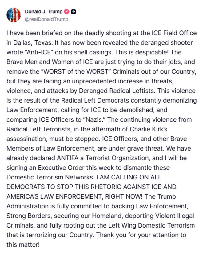 law enforcement agencies, will now have the power to dismantle these dangerous networks. #TrumpCracksDown" —  
Left-wing extremist crackdown
Executive order against radical activists
ICE shooting aftermath executive action