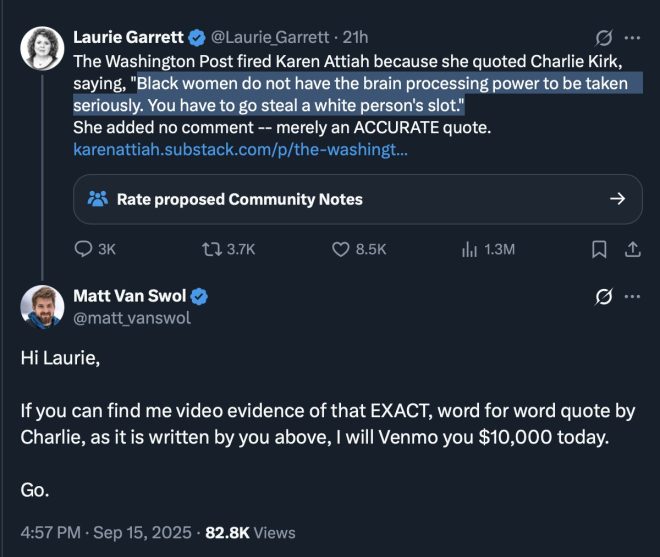 "The $10,000 Challenge: Did She Find Charlie's Words?" — Pulitzer Prize journalist controversy, video evidence challenge, quote verification reward 2025