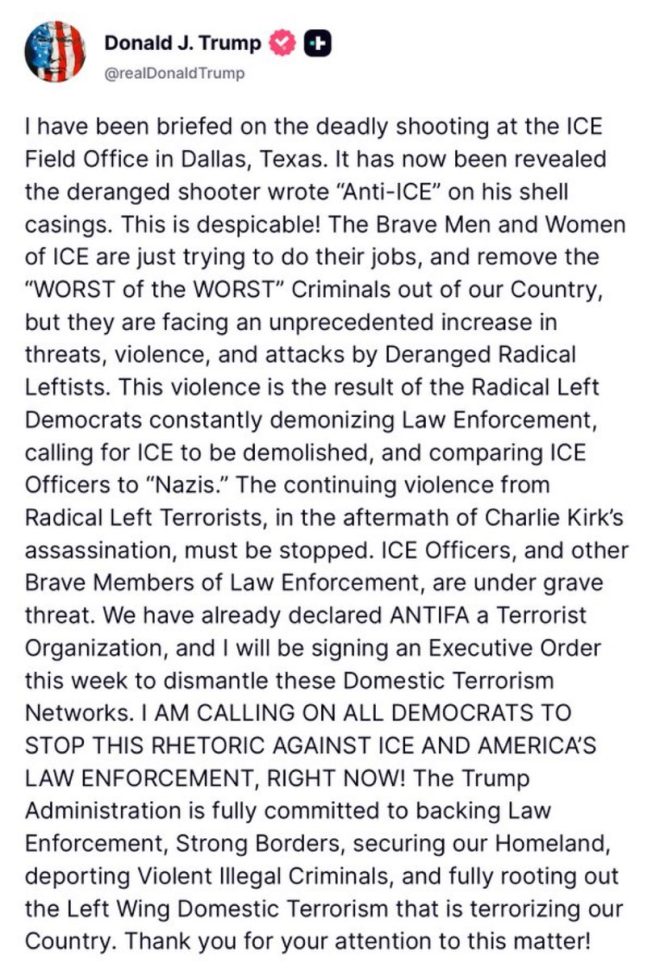 the Radical Left: President Trump speaks out on attack on ICE Dallas facility” —  
Radical Left Democrats demonizing Law Enforcement
ICE Officers compared to NAZlS
President Trump responds to ICE attack
