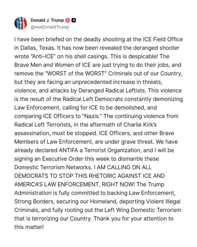 week to make the dismantling of left-wing domestic terrorism networks a top priority in our country.” —  Trump executive order, left-wing terrorism, ICE facility shooting