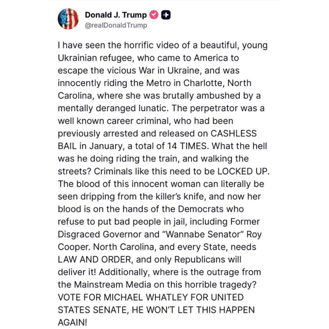 young woman being brutally murdered in Charlotte. President Trump blames Democrats for not putting criminals behind bars, stating her blood is on their hands. —
Political accountability for crime
Criminal justice reform controversy
Victim blaming in murder case