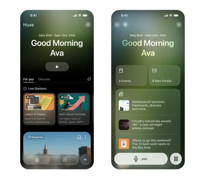 前Google員工的神秘新AI音頻App Huxe！ —  智能音頻應用, AI 聽新聞, 無螢幕資訊助手