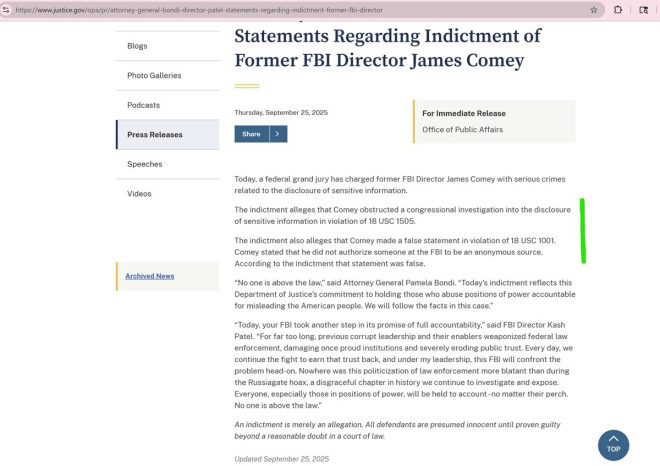 科米被控重罪！敏感信息背后的秘密是什么？ —  联邦大陪审团指控科米, 敏感信息披露罪, 美国法典第18章1505条