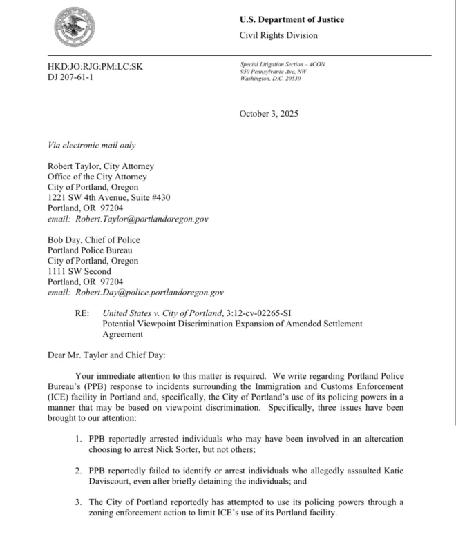 AG's Letter Sparks Outcry: Is Portland Silencing Dissent? —  Assistant Attorney General letter Portland, viewpoint discrimination investigation 2025, Nick Sortor assault case documents