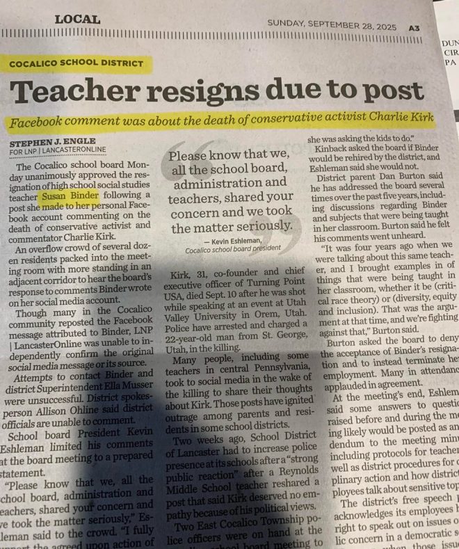 Controversial Victory: Teacher Resigns After Death Wish Against Conservative Pundit - Shocking Revelation in Lancaster County! —  triumph, conquest, achievement