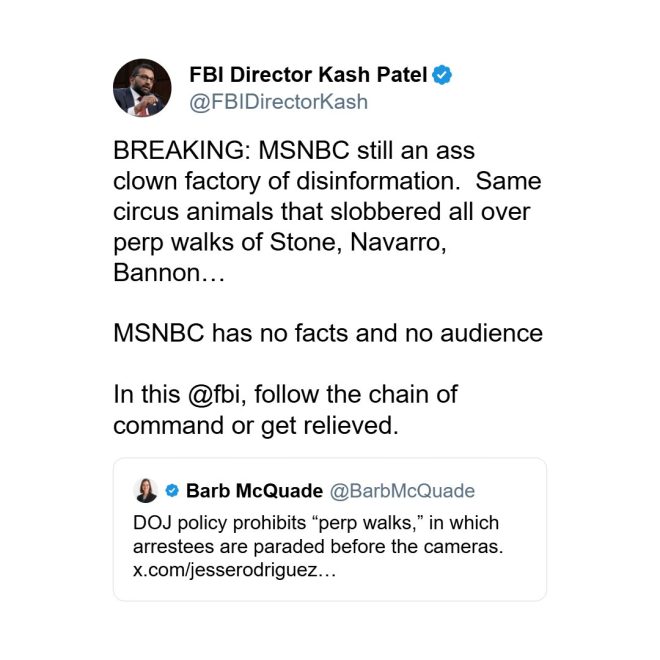 FBI Chief Slams MSNBC: "A*s Clown Factory of Lies!" —  FBI Director controversy, Kash Patel MSNBC remarks, media disinformation tactics