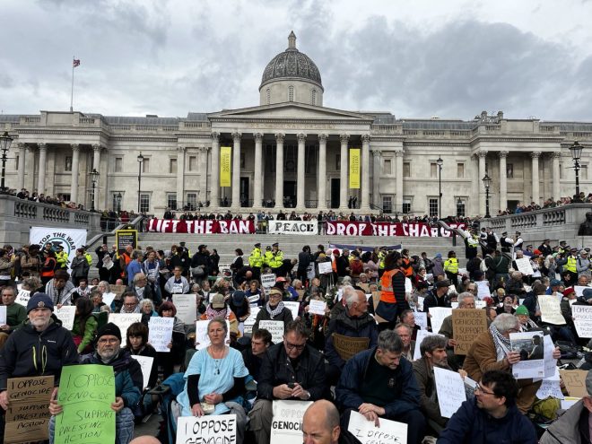 "Police arrest peaceful protestors in Trafalgar Square for opposing genocide and supporting Palestine Action" —  Trafalgar Square protest, genocide opposition, Terrorism Act arrests