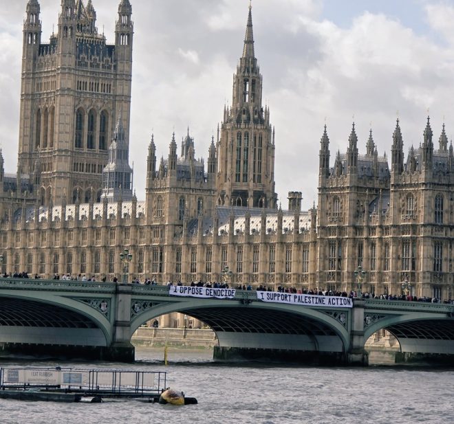 "Protesters drop controversial banner on Westminster Bridge: 'I oppose genocide. I support Palestine Action'" —  Genocide resistance, Palestine Action support, Westminster Bridge banner drop
