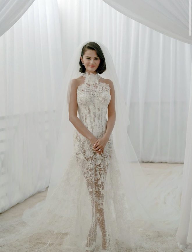 Selena Gomez's Wedding Dress Sparks Heated Fashion Debate! —  Selena Gomez bridal style, Ralph Lauren wedding dress 2025, ethereal celebrity fashion