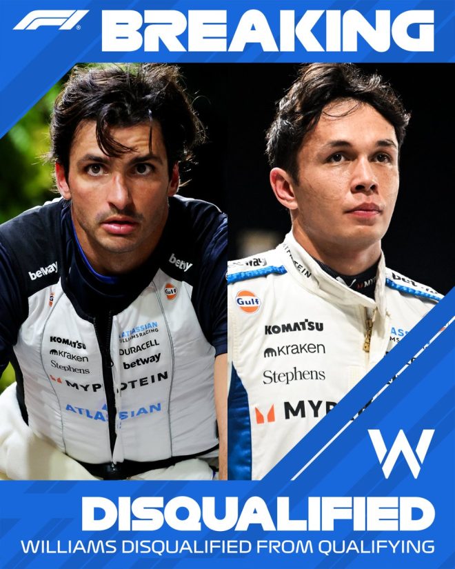 "Shock Disqualification: Albon and Sainz Out, Williams Rear Wings Fail Checks! #F1 #SingaporeGP" —  Alex Albon disqualification, Williams rear wing controversy, Formula 1 Singapore disqualifications