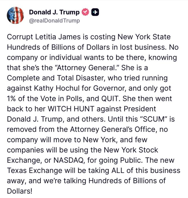 "Trump Ends Letitia James' Career for Costing NY "Hundreds of Billions"- Calls for Prison Time Over 2024 Election Interference!" —  Letitia James downfall, 2024 election interference, justice served
Corruption in New York, political accountability, criminal investigation
Trump takes down Letitia James, legal consequences, government accountability
