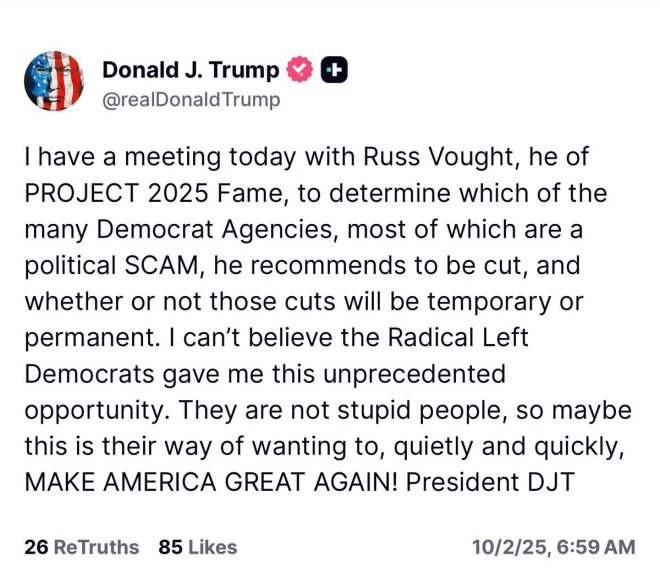 "Trump and Vought Plot to Decimate Democrat Agencies in Shutdown Showdown!" —  President Trump meeting, OMB Director discussion, Agency budget cuts
