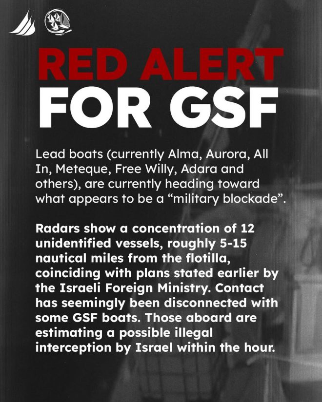 "Unidentified vessels closing in on Global Sumud Flotilla with reports of signal jamming and lost contact - possible interception imminent!" —  Global Sumud Flotilla interception, maritime signal jamming, vessel contact lost